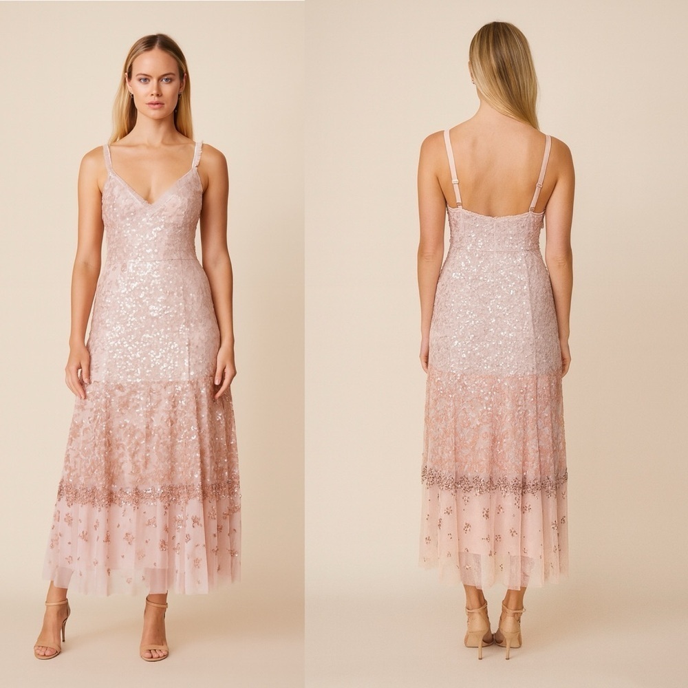 Needle &Thread Cami patchwork pink ombré sequins full length dress size 14 gown